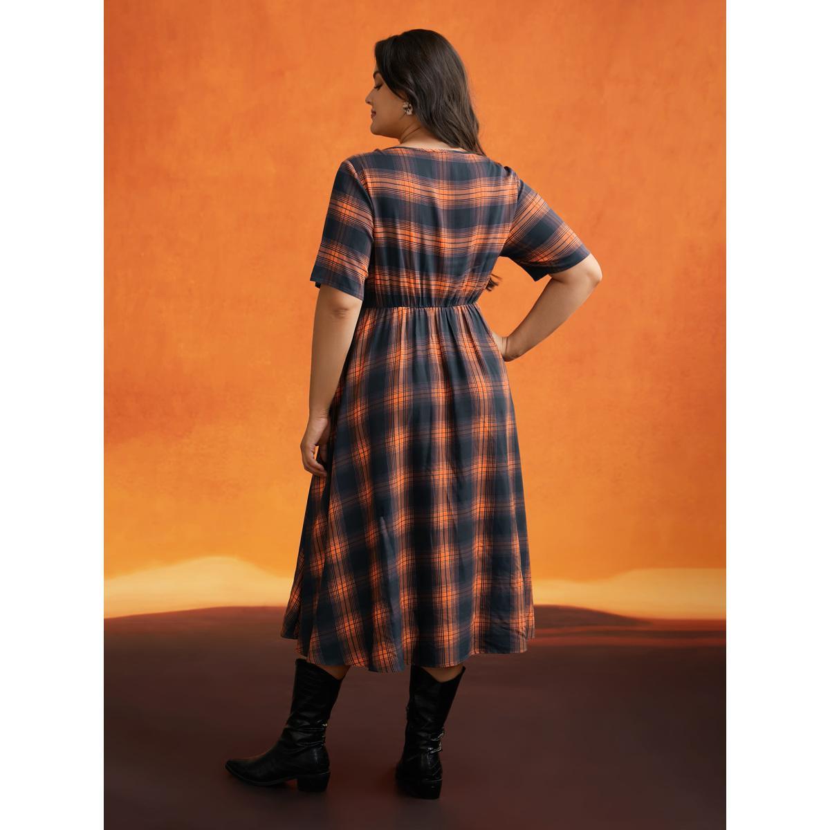 Plus Size Stretchy Plaid Contrast Splicing Midi Dress Brightorange Women Cocktail Non Party Curvy Bloomchic 14-16/1X Product Image