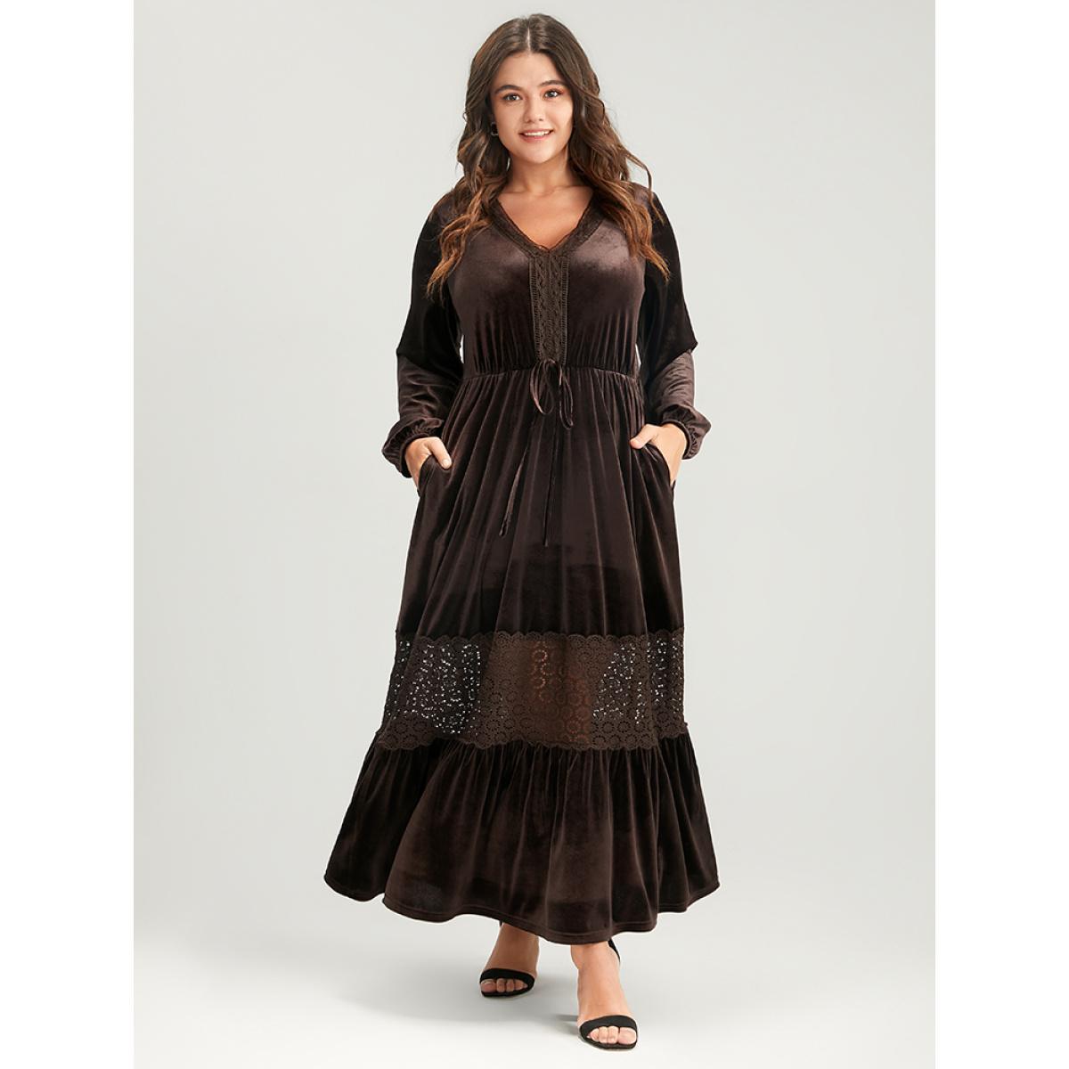 Plus Size Solid Lace Lantern Sleeve Pocket Tie Up Velvet Maxi Dress DarkBrown Women Party Patchwork V-neck Long Sleeve Curvy Long Dress BloomChic 26/4X Product Image