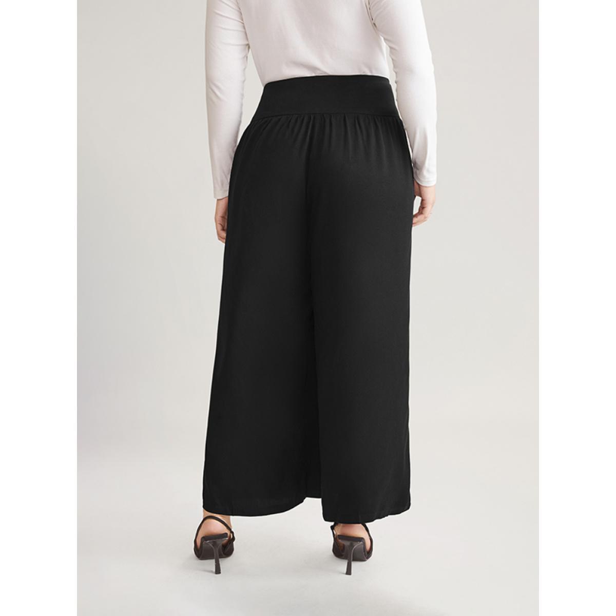 Plus Size Solid Elastic Waist Button Detail Wide Leg Pants Women Black Casual Wide Leg High Rise Dailywear Pants BloomChic 30/6X Product Image