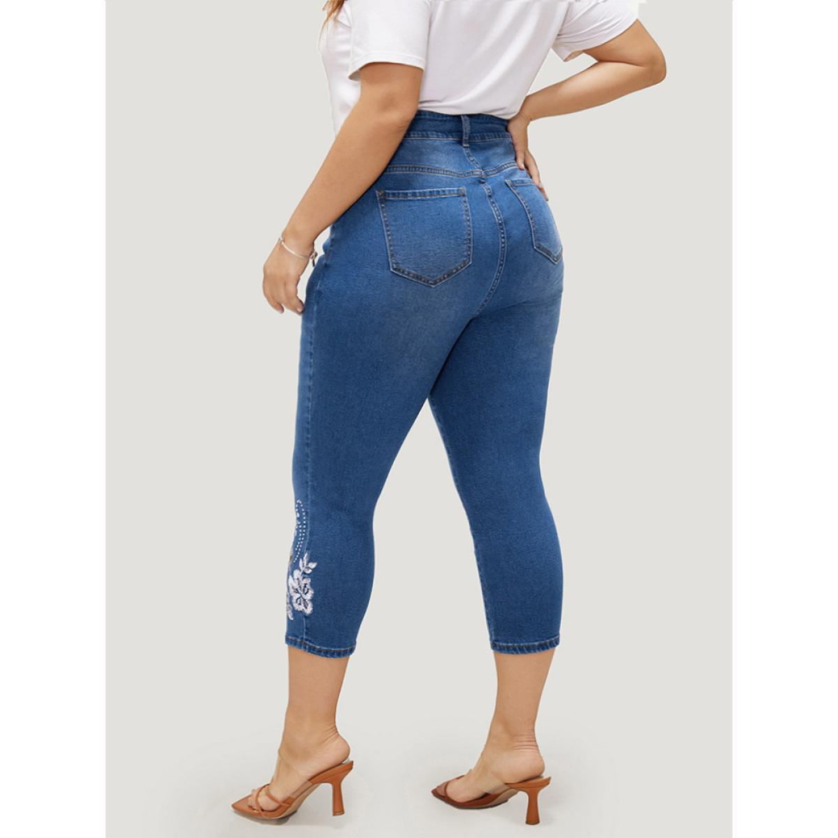 Plus Size Very Stretchy High Rise Medium Wash Embroidered Cropped Jeans Women LightBlue Casual Plain Embroidered High stretch Pocket Jeans BloomChic 30/6X Product Image