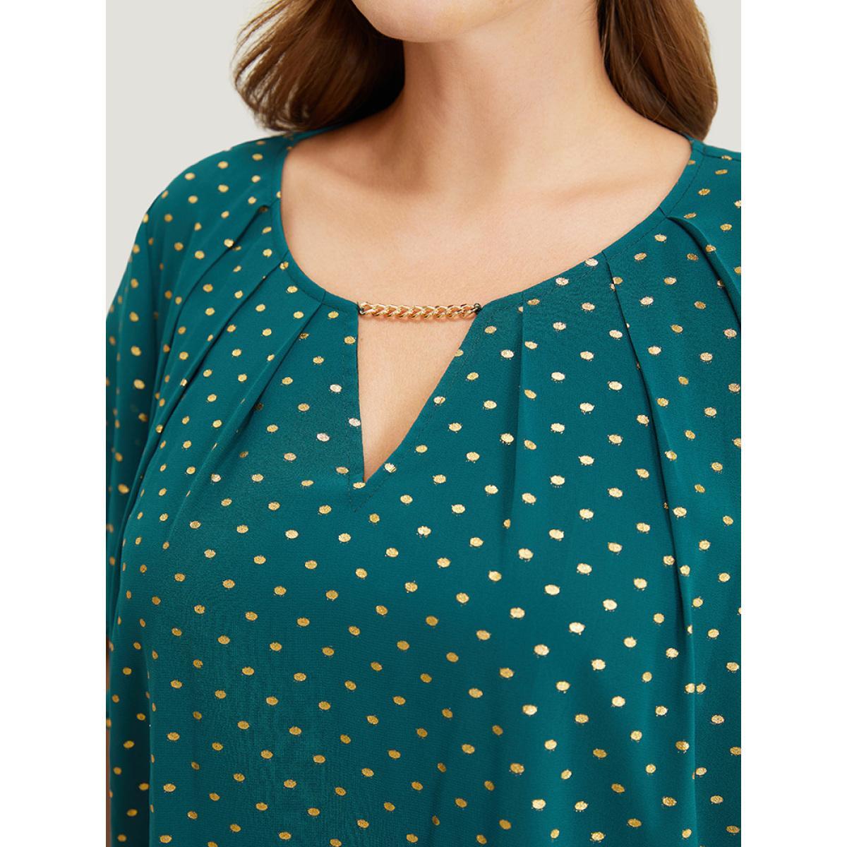 Plus Size DarkGreen Polka Dot Glitter Tiered Sleeve Pleated Keyhole Chain Neck Blouse Women Party Short sleeve Round Neck Going out Blouses BloomChic 14-16/1X Product Image