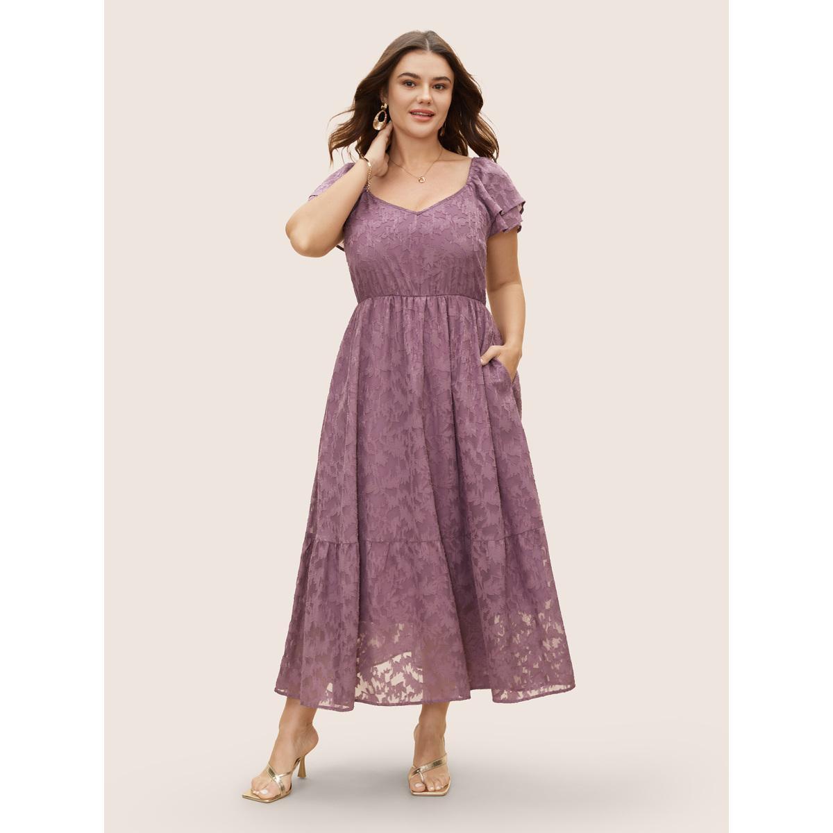 Plus Size Heart Neckline Jacquard Tiered Ruffle Sleeve Dress Mauve Women Elegant Texture V-neck Cap Sleeve Curvy BloomChic 22-24/3X Product Image