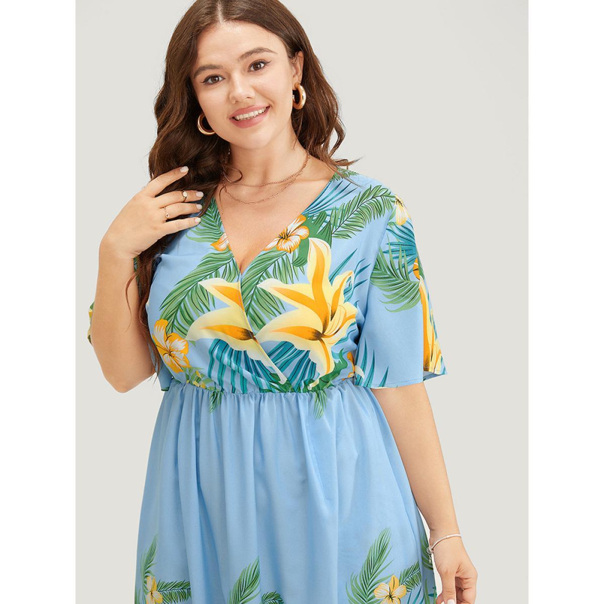 Plus Size Tropical Print Ruffle Sleeve Wrap Pocket Midi Dress LightBlue Women Elegant Elastic Waist V-neck Short sleeve Curvy Midi Dress BloomChic 12/L Product Image