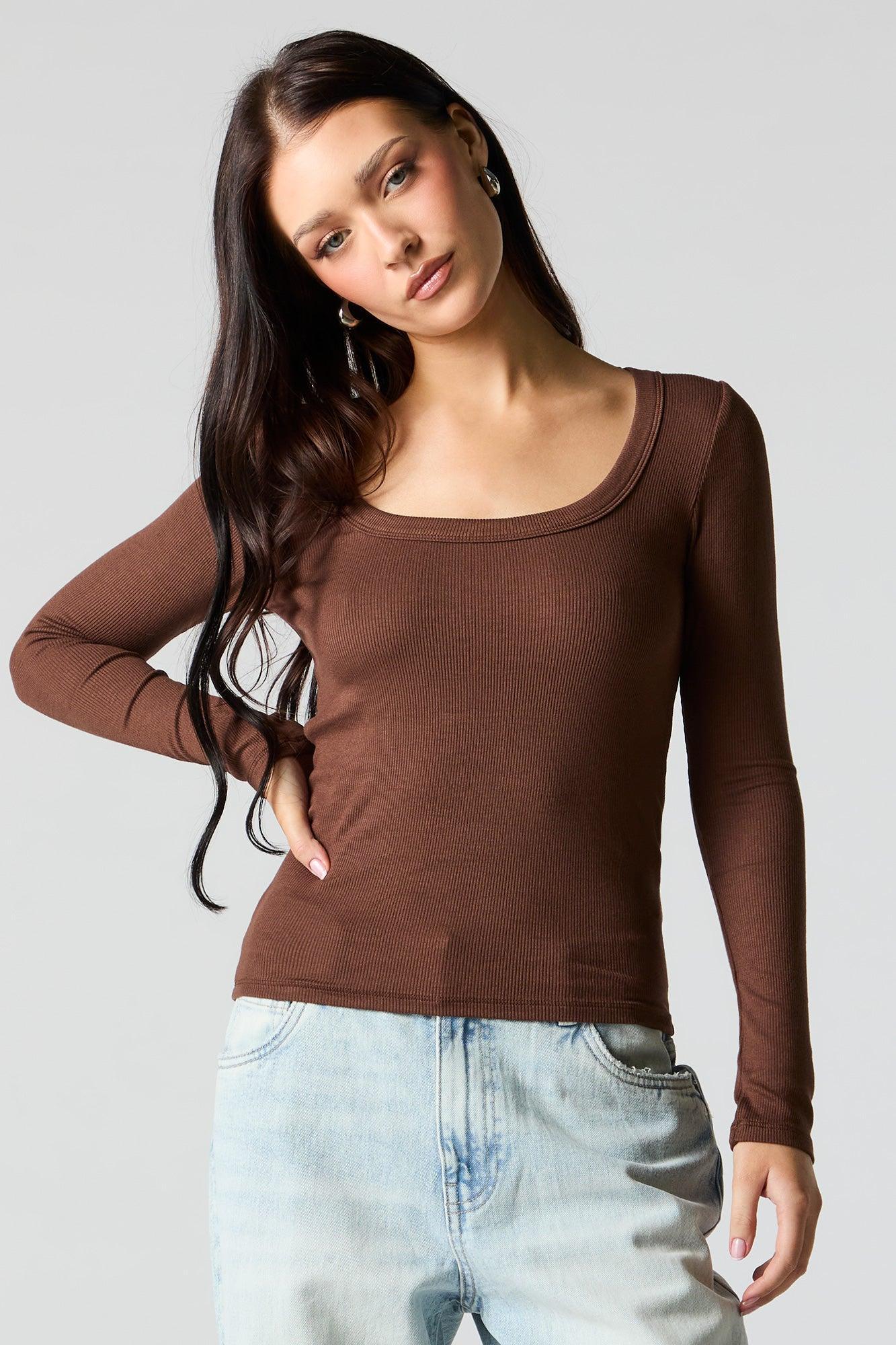 Ribbed Scoop Neck Long Sleeve Top Female Product Image