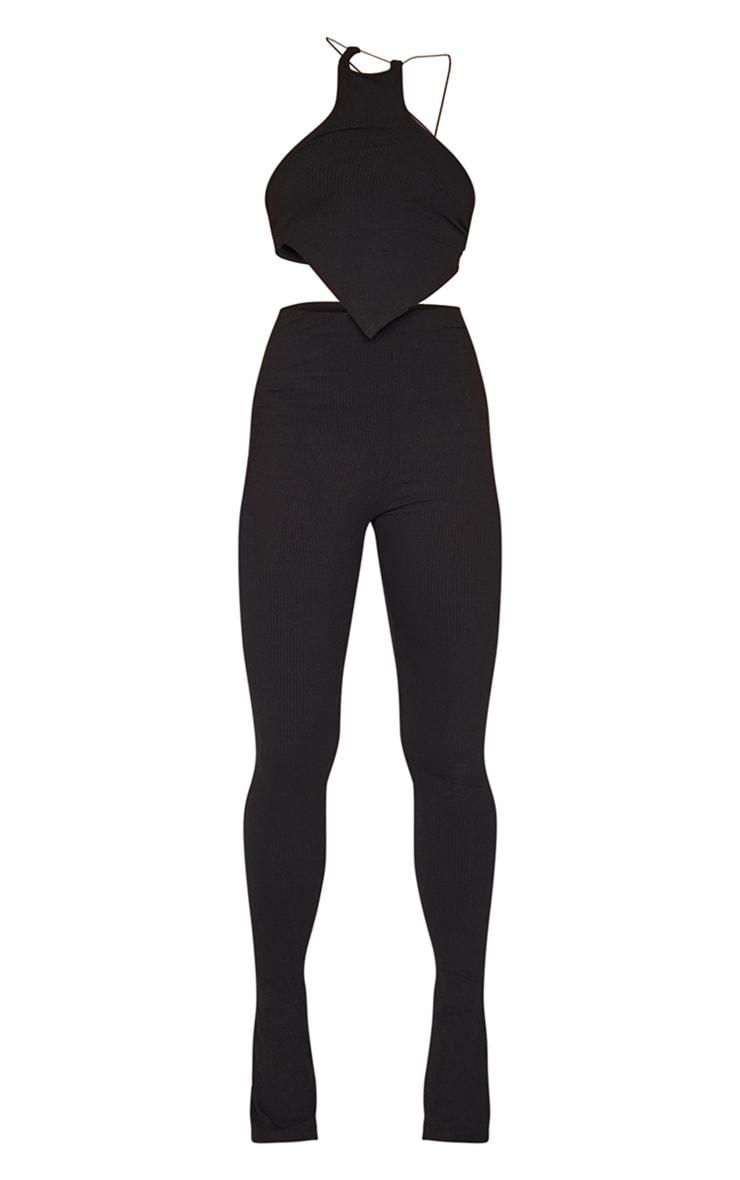Black Rib Strappy Crop Top & Flare Legging Set Product Image