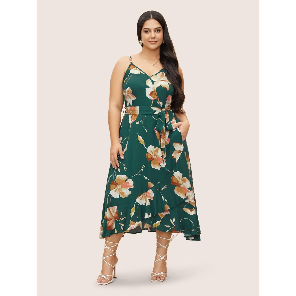Plus Size Floral Surplice Neck Belted Cami Dress DarkGreen Women Elegant Overlapping Non Sleeveless Curvy BloomChic 18-20/2X Product Image