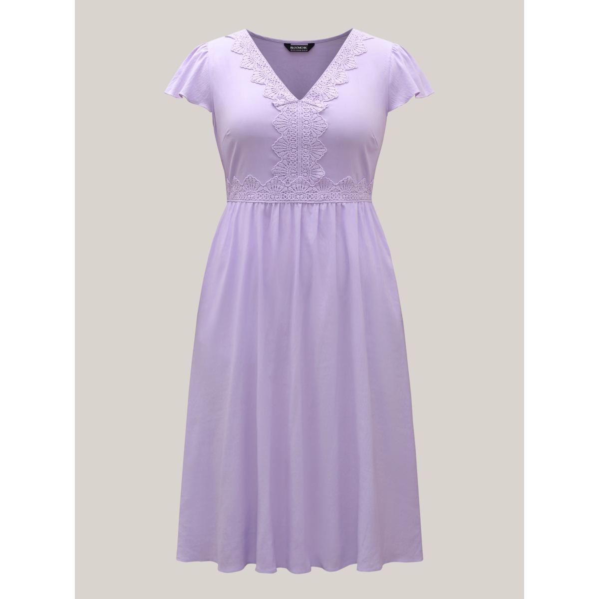 Plus Size Lace Trim Flutter Sleeve Midi Dress Lavender Women V-neck Cap Sleeve Curvy BloomChic 10/M Product Image