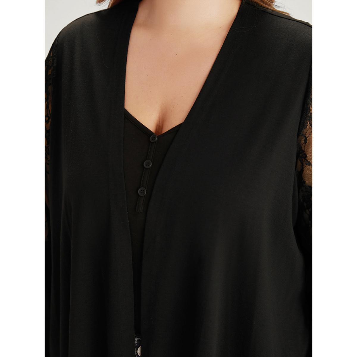 Plus Size Supersoft Essentials Solid Crochet Lace Mesh Drape Open Front Coat Women Black Casual Drape Ladies Dailywear Winter Coats BloomChic 12/L Product Image
