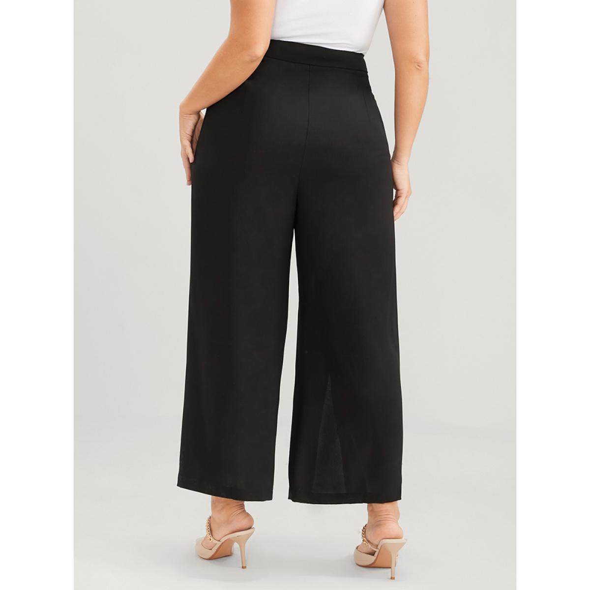 Plus Size Solid Pocket Elastic Waist Front Split Hem Pants Women Black Elegant Mid Rise Dailywear Pants BloomChic 12/L Product Image