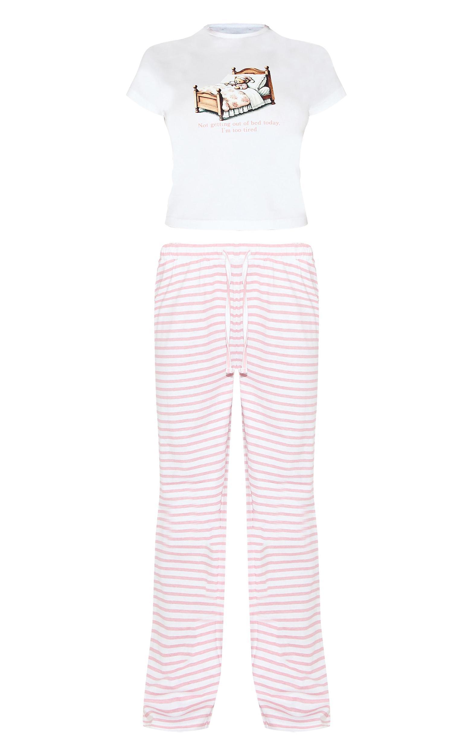Cream Teddy Print Stripe Long Pj Set Product Image