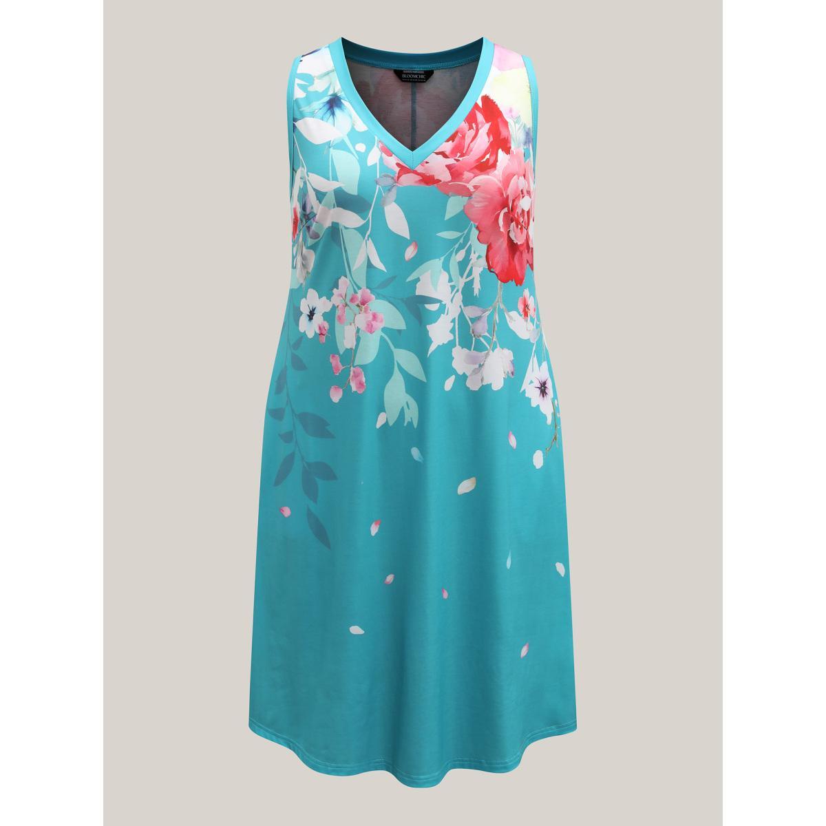 Plus Size Stretchy Breezy Floral A-Line Midi Dress Emerald Women Knit Dresses Bloomchic 28/5X Product Image