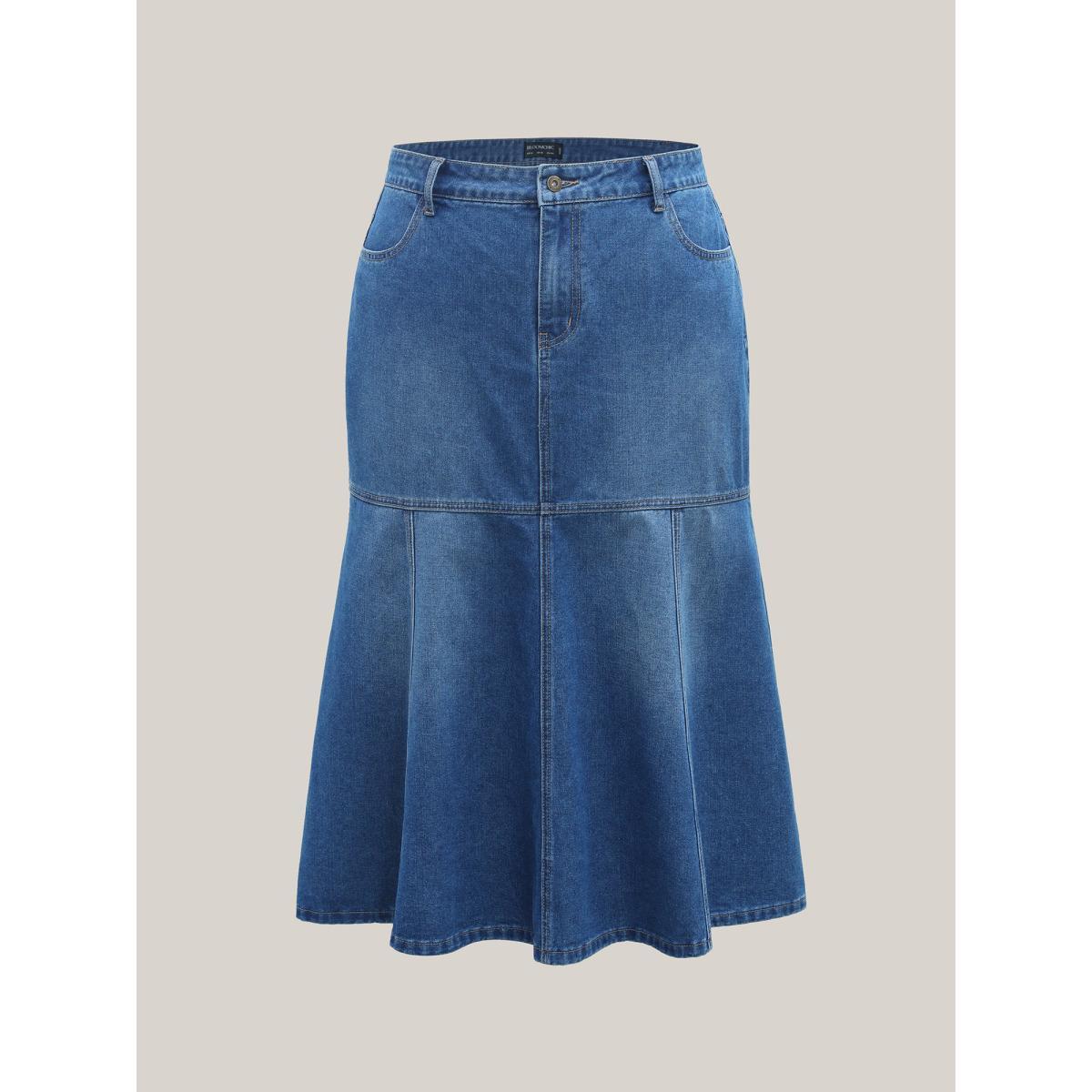 Plus Size A-Line Seamed Maxi Denim Skirt Women Midblue Everyday-Elegant No stretch Medium Wash 10/M Slanted pocket Denim Skirts BloomChic Product Image