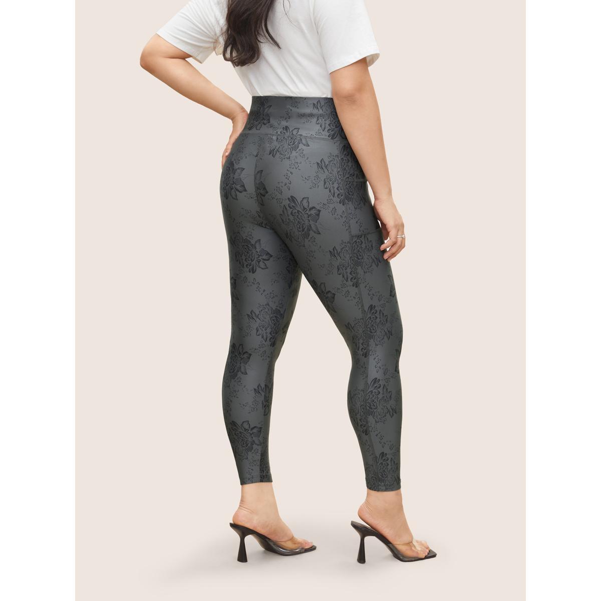 Plus Size Floral Print Elastic Waist Pocket Side Leggings Women DimGray Elegant High stretch High Rise Everyday Leggings BloomChic 22-24/3X Product Image