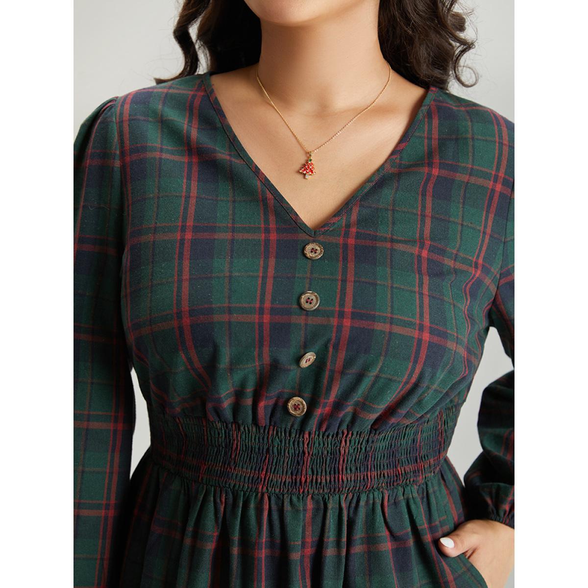 Plus Size Plaid Shirred Button Detail Ruffle Hem Dress Multicolor Women Office Elastic cuffs V-neck Long Sleeve Curvy Midi Dress BloomChic 10/M Product Image