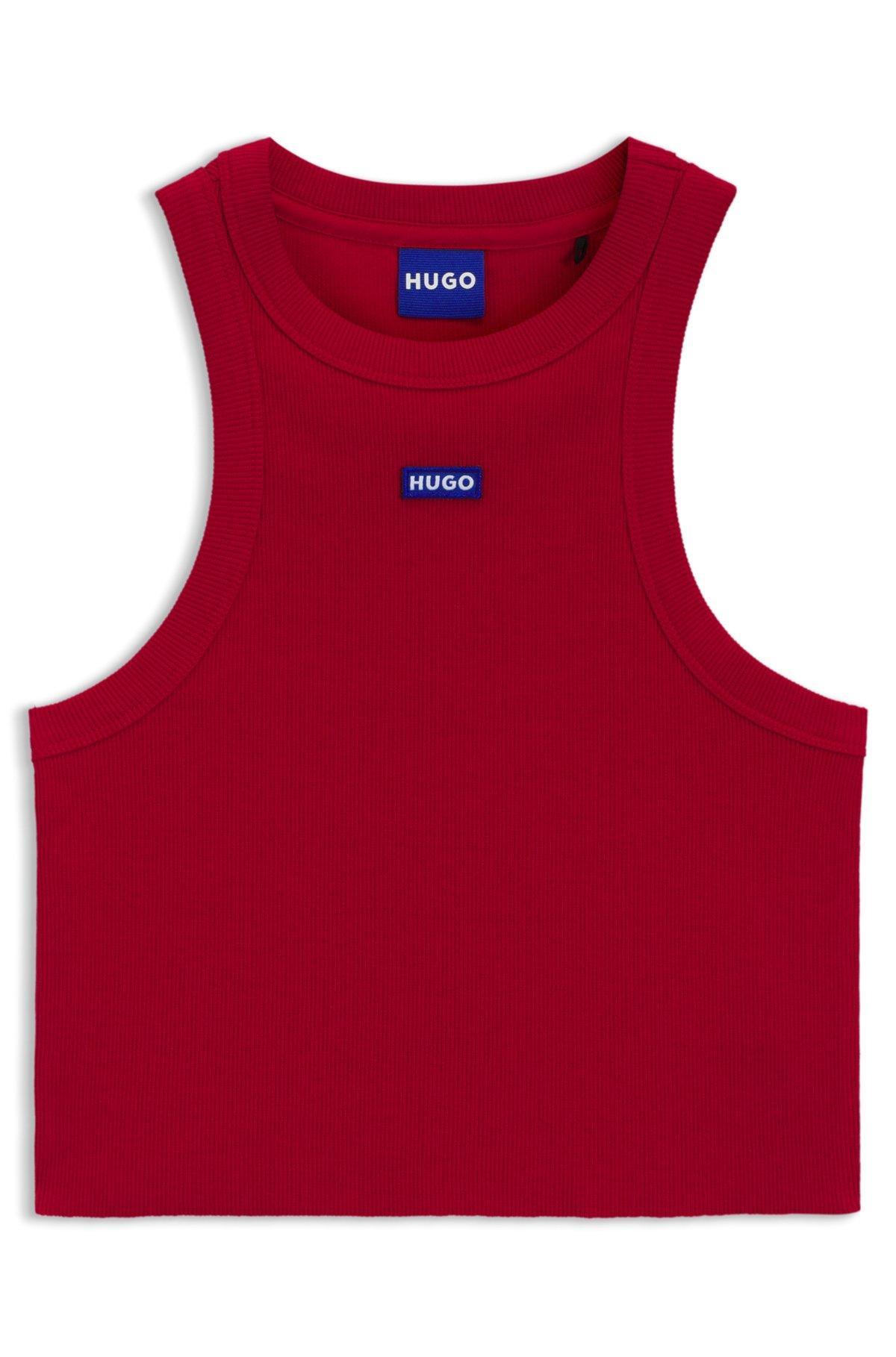 HUGO - Tank top in ribbed stretch cotton with logo badge - Dark Red Product Image