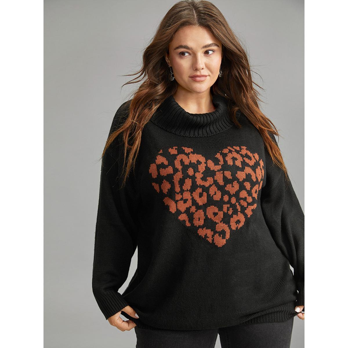 Plus Size Hreat Print Contrast Turtle Neck Pullover Black Women Casual Loose Long Sleeve Lapel Collar Dailywear Pullovers BloomChic 18-20/2X Product Image