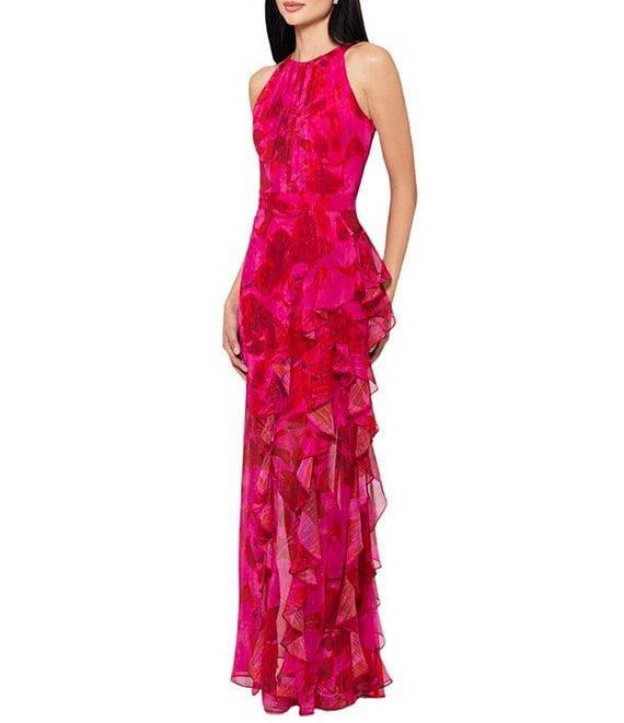 Betsy & Adam Floral Print Halter Neck Sleeveless Cascading Ruffle Tie Back Dress Product Image