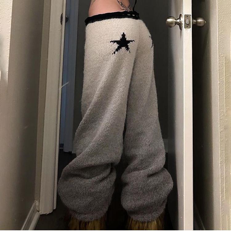 Drawstring Waist Star Patterned Knit Wide Leg Pants Product Image