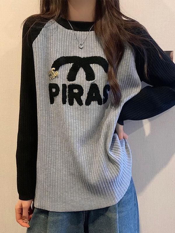 Raglan Ribbed Print Long Sleeve Knit Product Image
