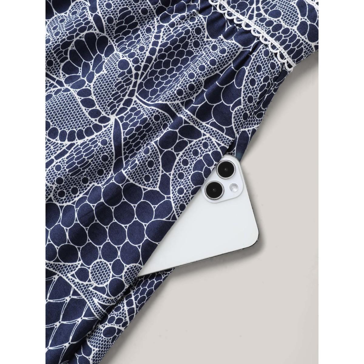 Plus Size Lace-Like Print Cinched-Waist Midi Dress Navy Women V-neck Sleeveless Curvy BloomChic 18-20/2X Product Image