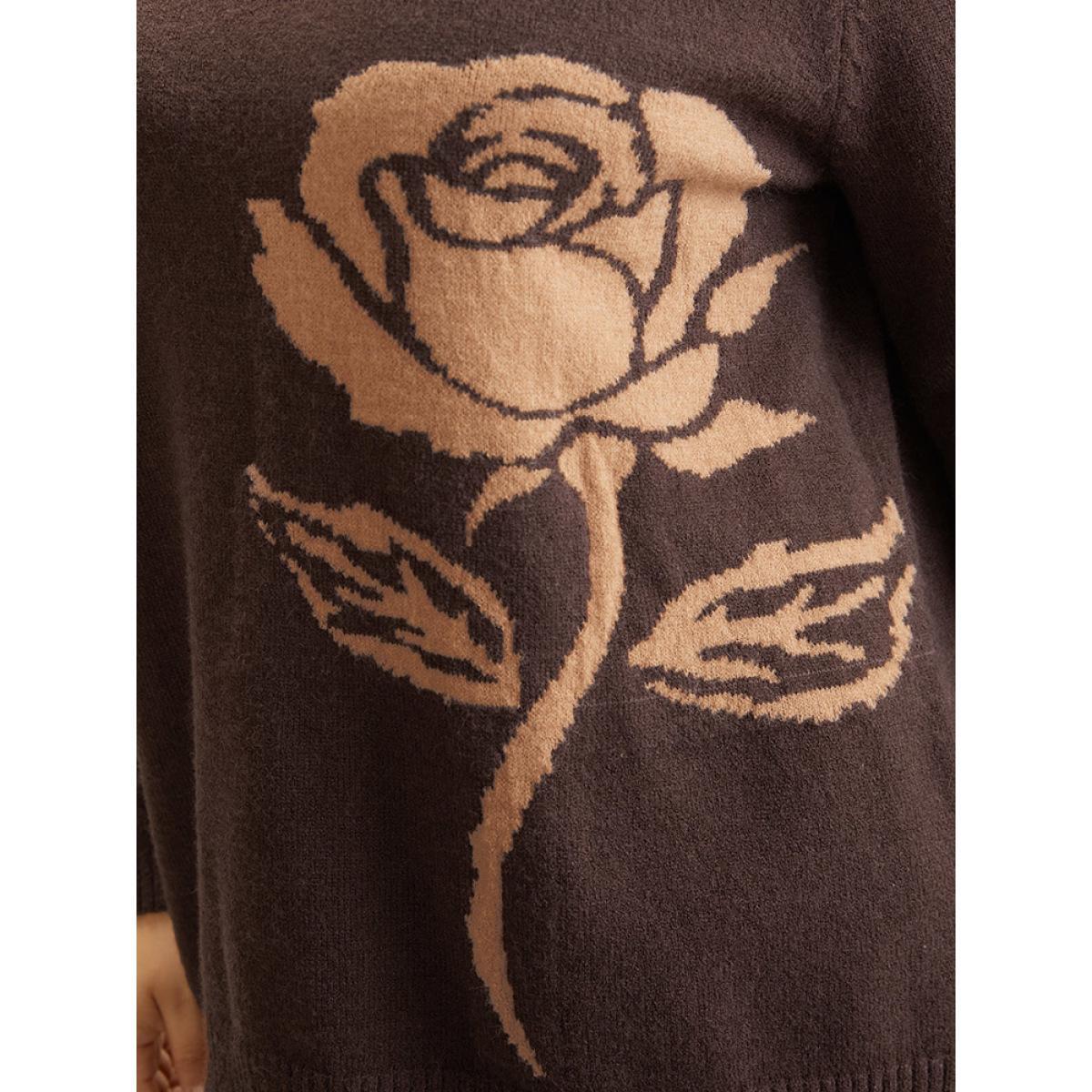 Plus Size Anti-Pilling Floral Graphic Crew Neck Pullover DarkBrown Women Casual Loose Long Sleeve Round Neck Dailywear Pullovers BloomChic 26/4X Product Image