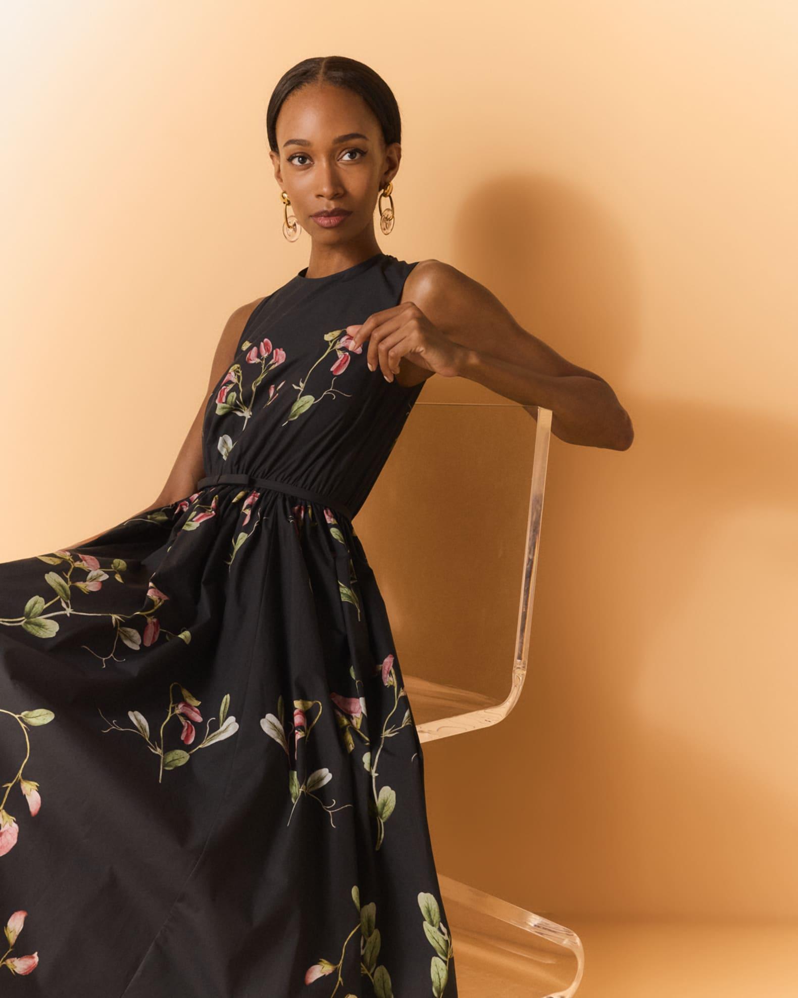 Flower-Print Bow Sleeveless Midi Dress Product Image