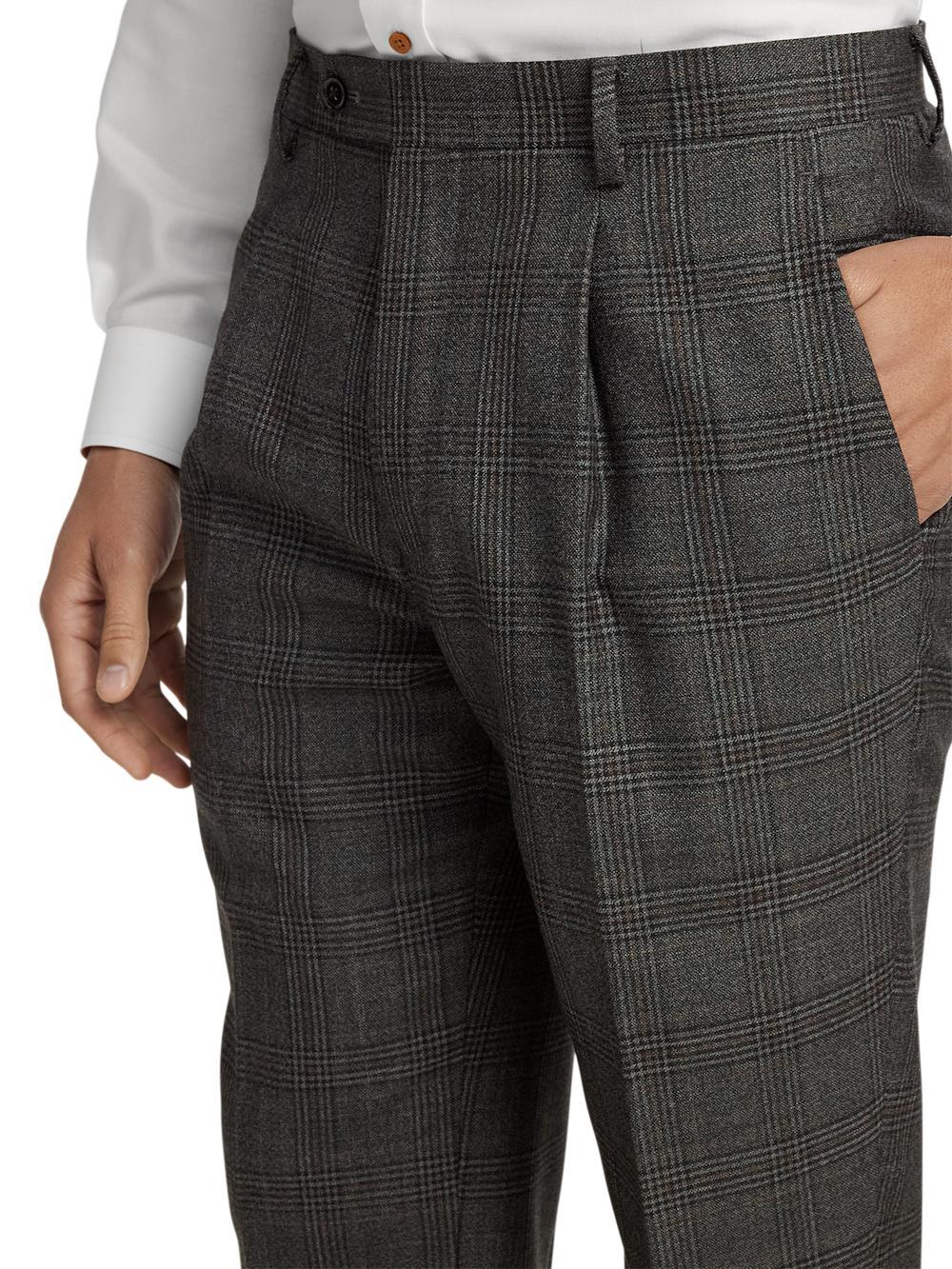 Wool Plaid Single Pleat Suit Pants - Charcoal Product Image