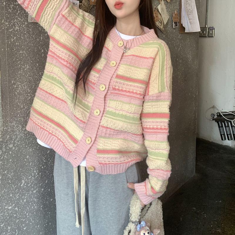 Round Neck Striped Button Up Cardigan Product Image
