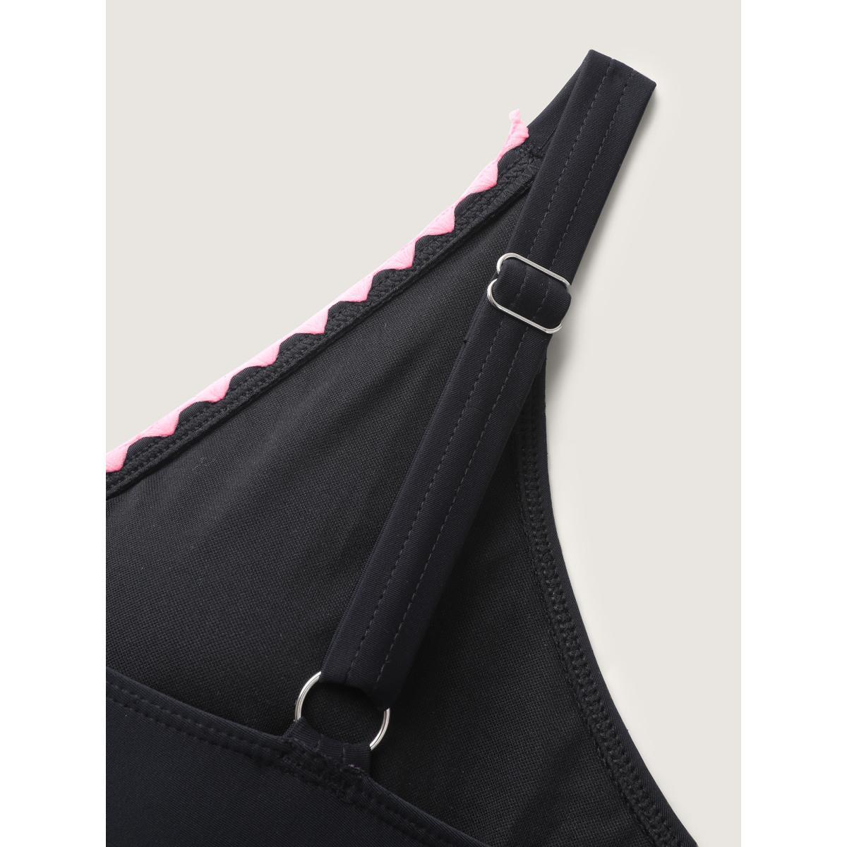 Plus Size Embroidered Color Contrast Swim Top Women's Swimwear Black Beach Contrast High stretch Skinny Overlap Collar Curve Swim Tops BloomChic 10/M Product Image