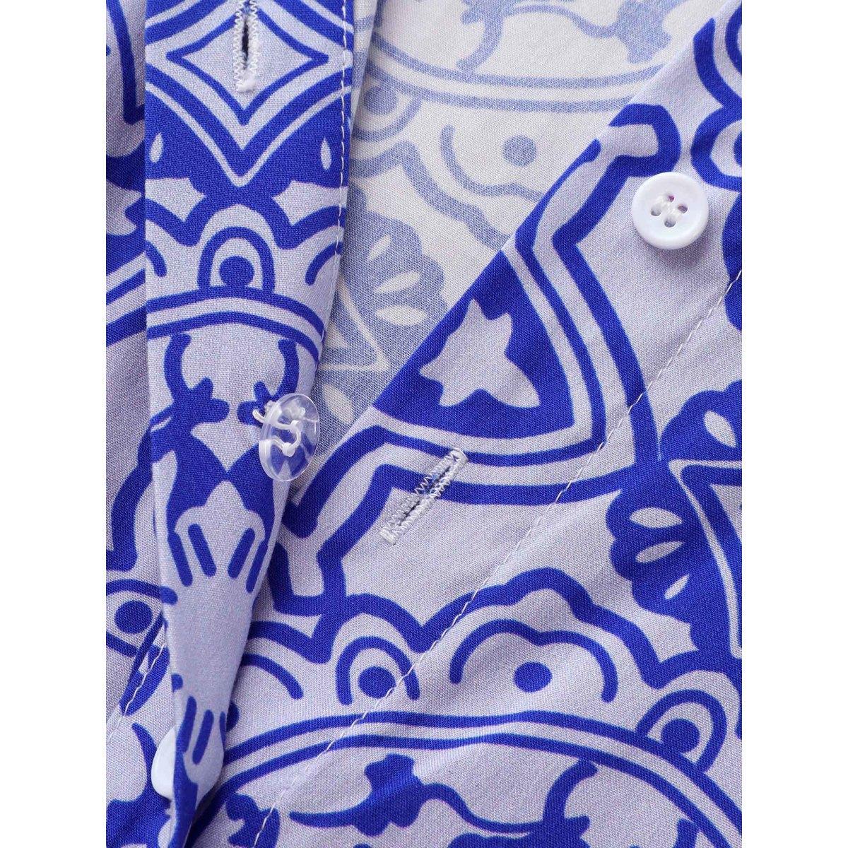 Plus Size Bandana Print Shirt Collar Belted Midi Dress Cerulean Women Cocktail Belted Shirt collar Long Sleeve Curvy BloomChic 30/6X Product Image