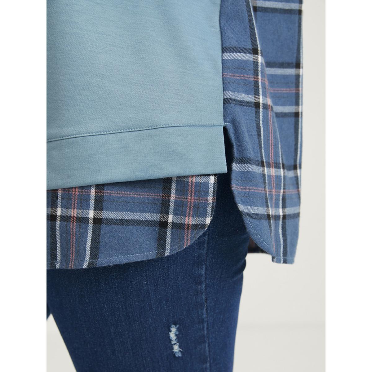 Plus Size Plaid Contrast Asymmetrical Drawstring Hooded Sweatshirt Women DarkBlue Casual Contrast Loose Hooded Dailywear Sweatshirts BloomChic 18-20/2X Product Image