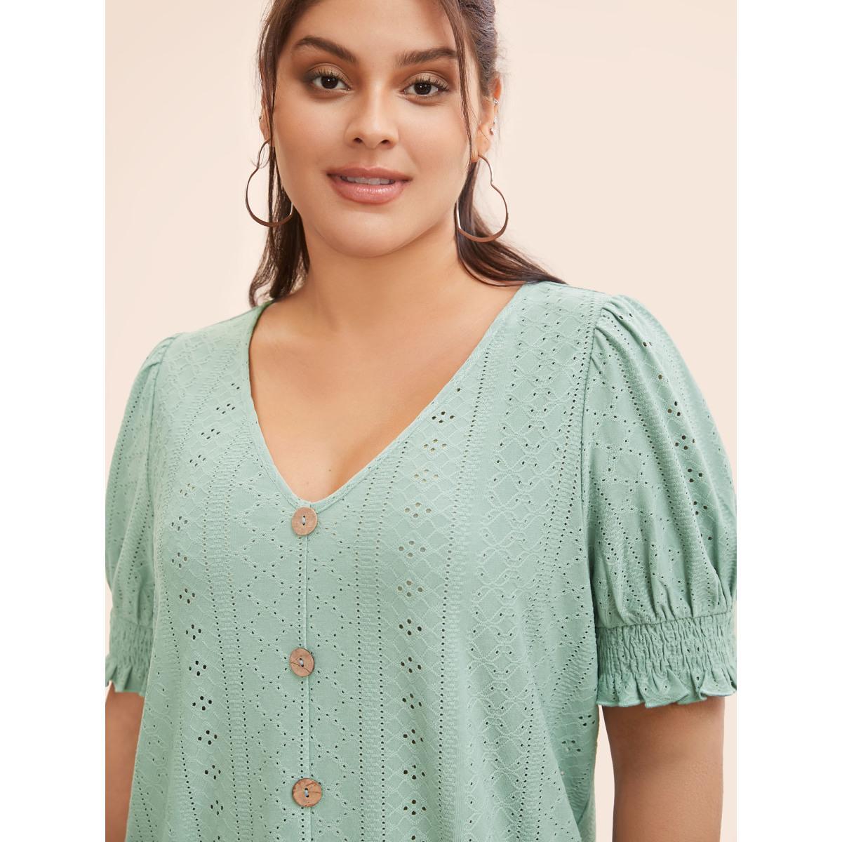 Plus Size Plain Broderie Anglaise Shirred Puff Sleeve Button Detail T-shirt Sage Women Casual Button Plain V-neck Everyday T-shirts BloomChic 28/5X Product Image