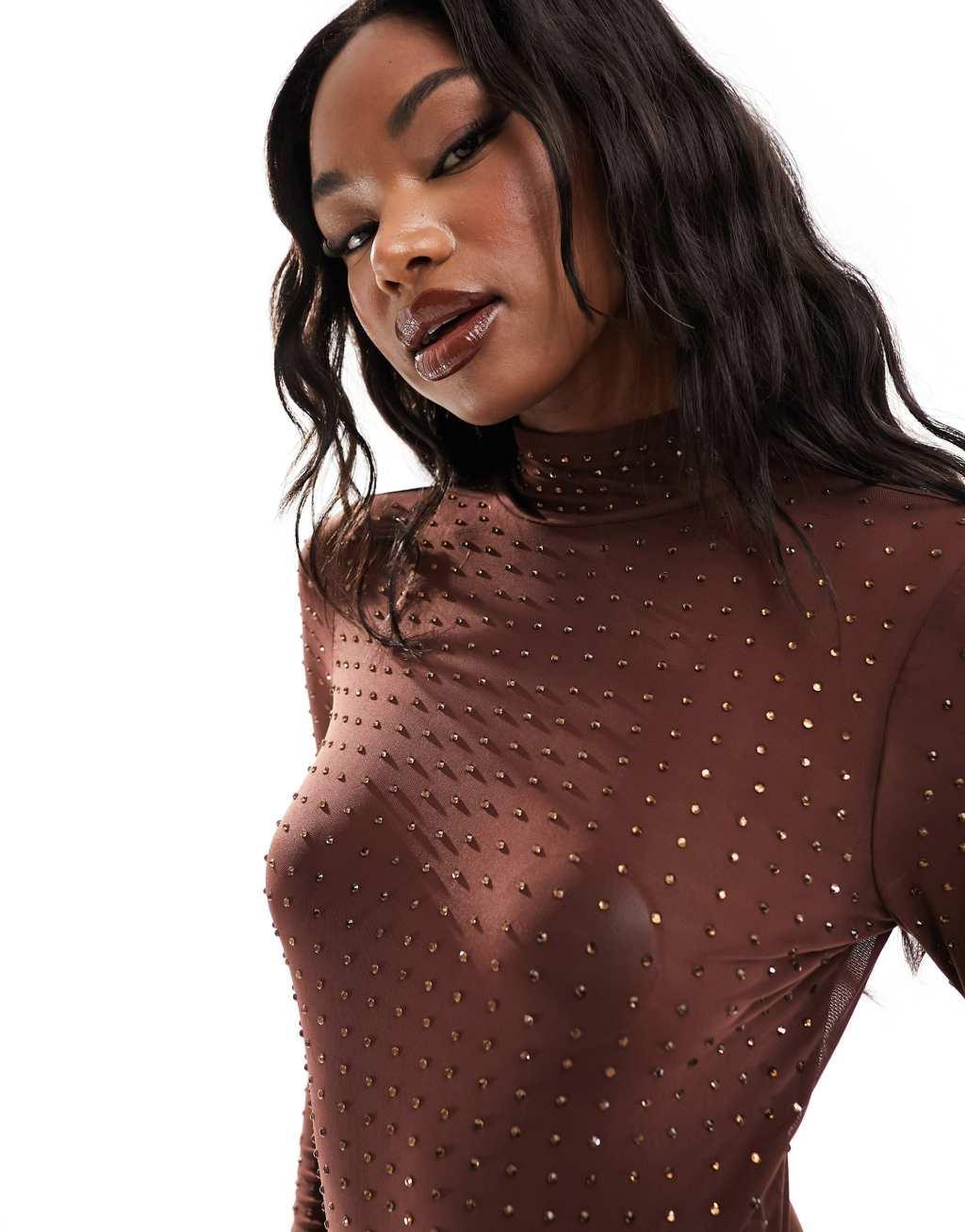 ASOS DESIGN hotfix crystal stud mesh bodysuit Product Image