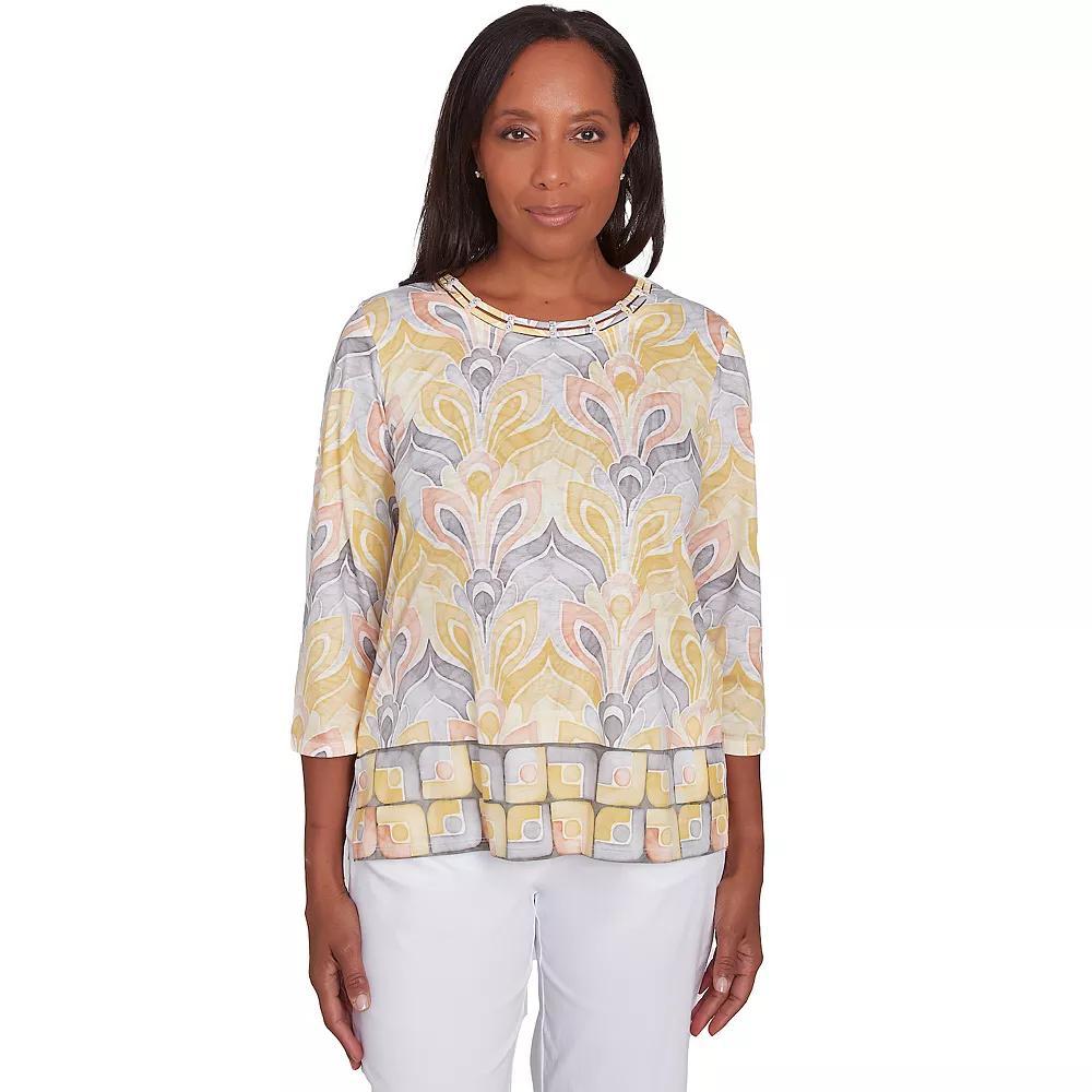Petite Alfred Dunner Geometric Medallion Crewneck Top, Women's, Size: Small Petite, Yellow Team Product Image