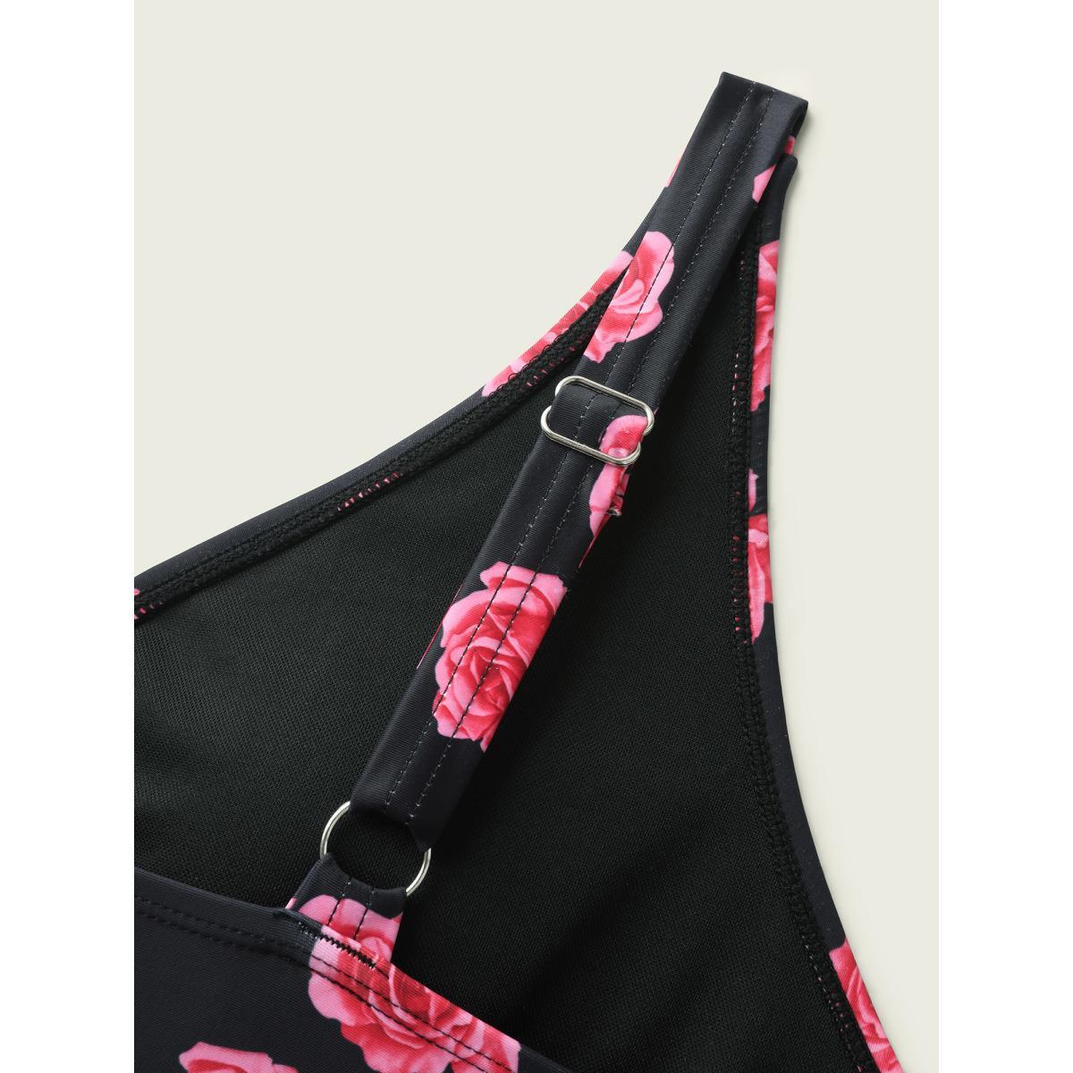 Plus Size Anti-Float Tie Rosy Print Swim Dress Women's Swimwear Black Beach Bodycon Overlap Collar High stretch Curve Swim Dresses BloomChic 18-20/2X Product Image