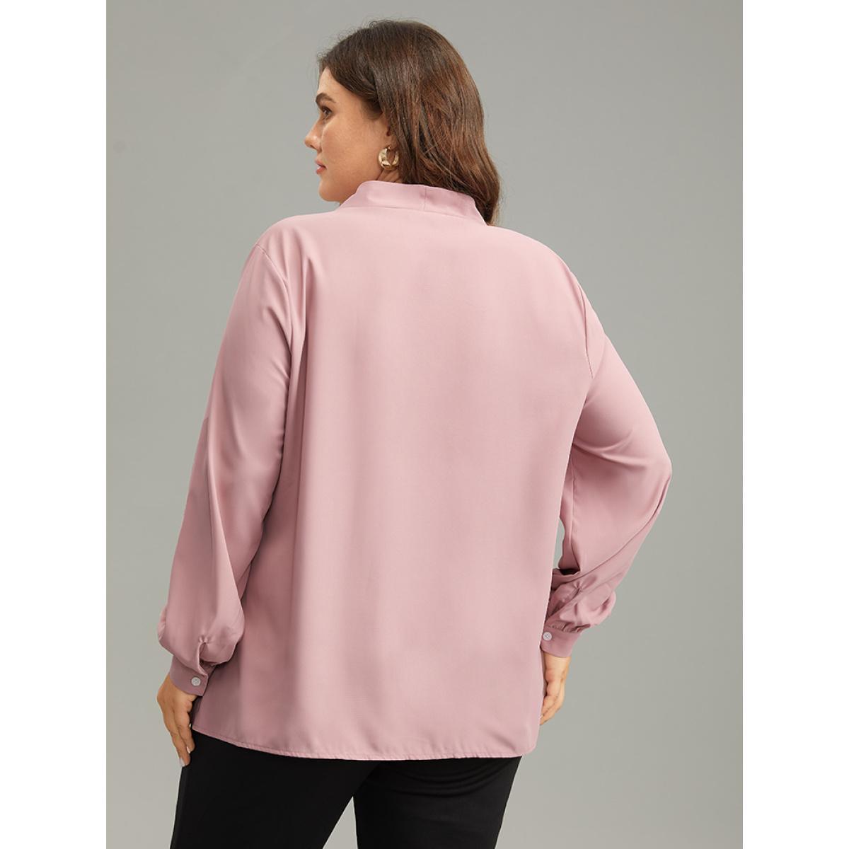 Plus Size DustyPink Plain Buckle Detail Pleated Blouse Women Office Long Sleeve V-neck Work Blouses BloomChic 18-20/2X Product Image