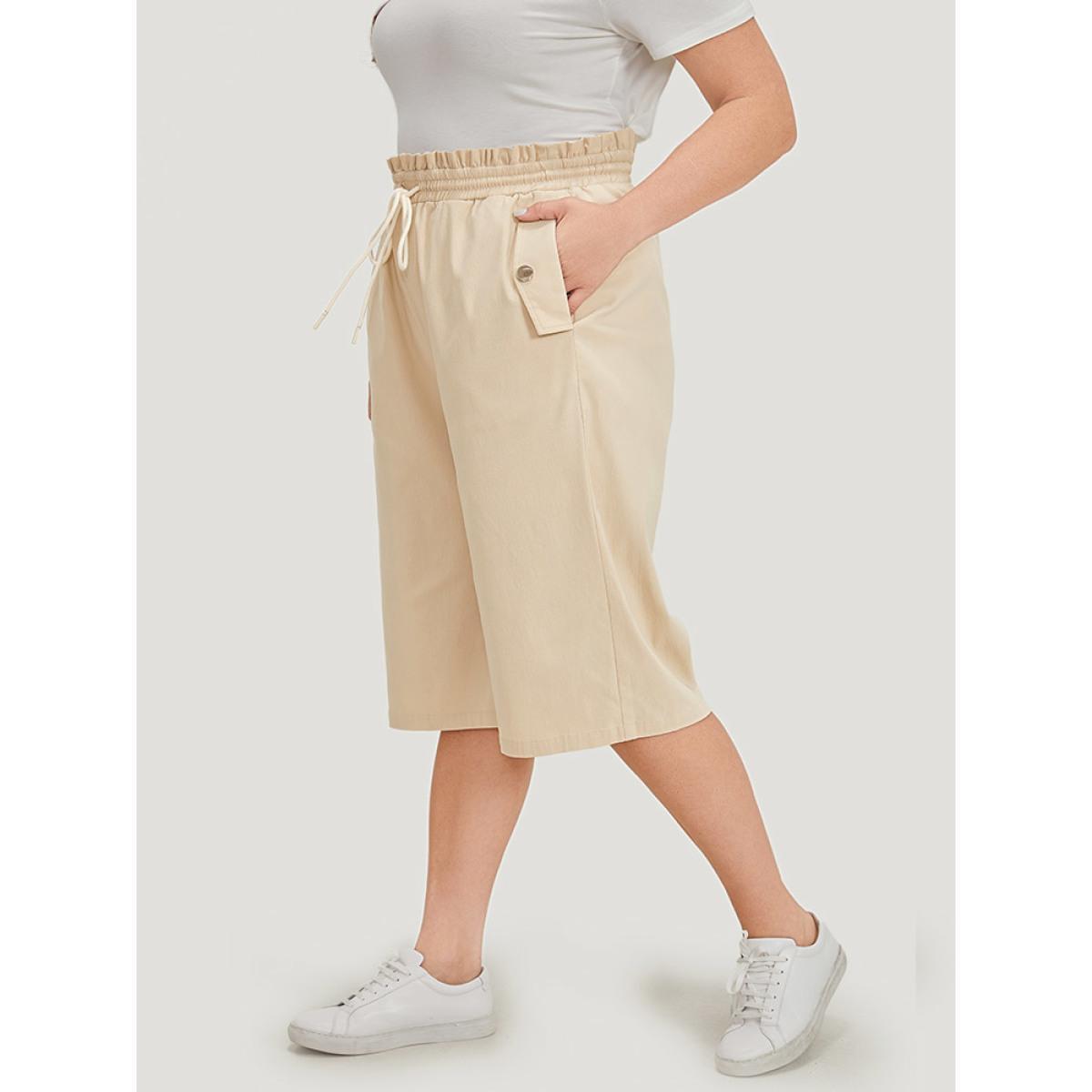 Plus Size Solid Drawstring Button Detail Pocket Paperbag Waist Pants Women Apricot Casual High Rise Dailywear Pants BloomChic 28/5X Product Image