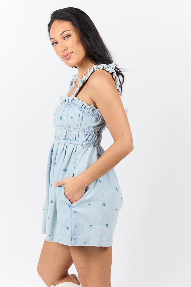 Big Sky Light Wash Denim Embroidered Romper SALE Product Image