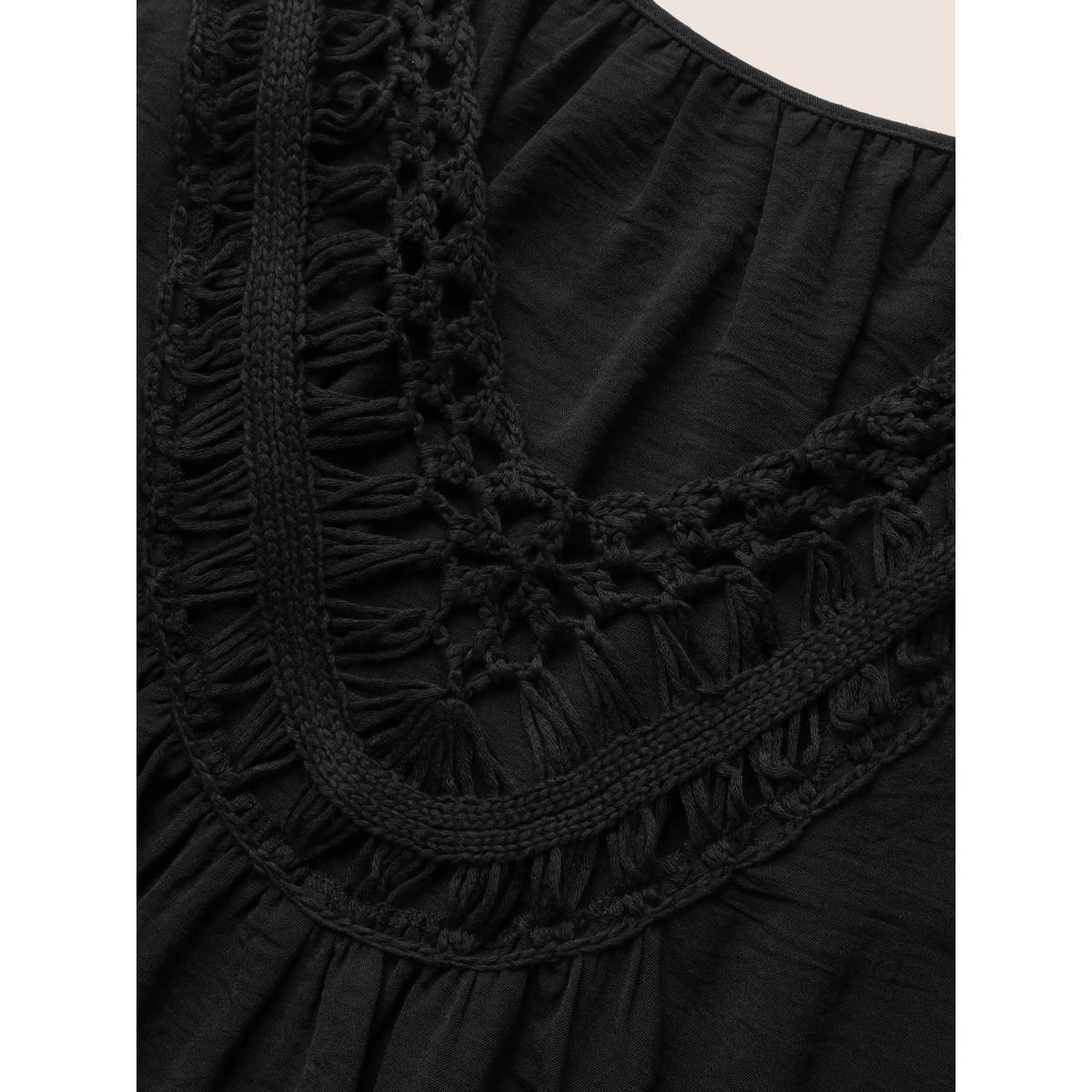 Plus Size Solid Crocheted Backless Sleeveless Midi Dress Black Women Resort Woven ribbon&lace trim Round Neck Sleeveless Curvy BloomChic 10/M Product Image