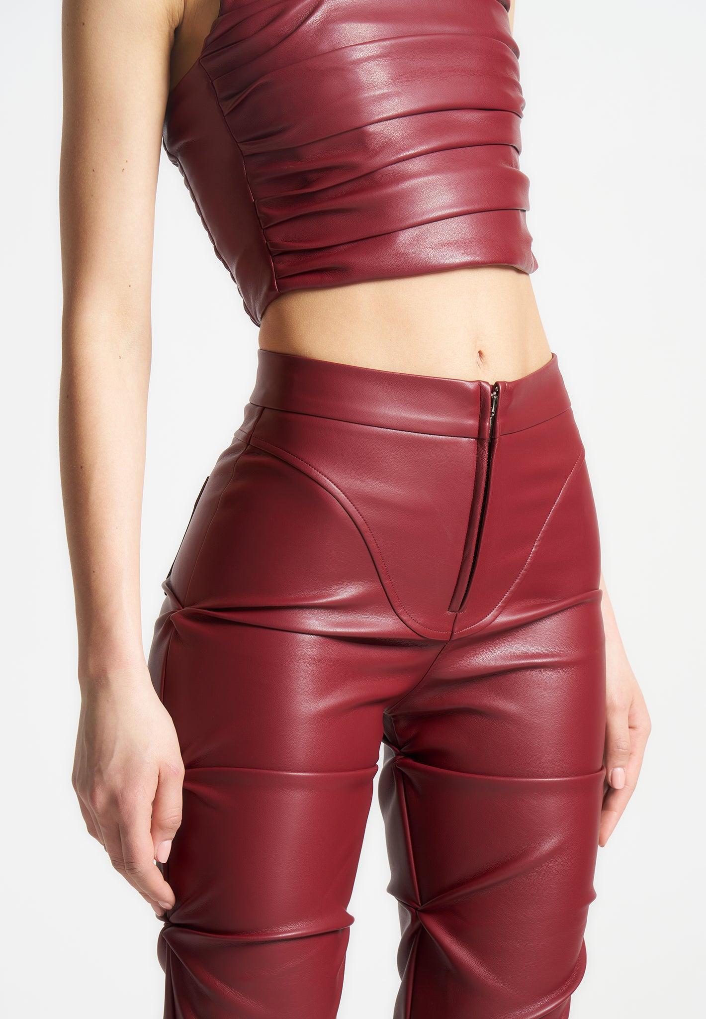 Caroline - Tacked Leather Flared Trousers - Wine Red Female Product Image