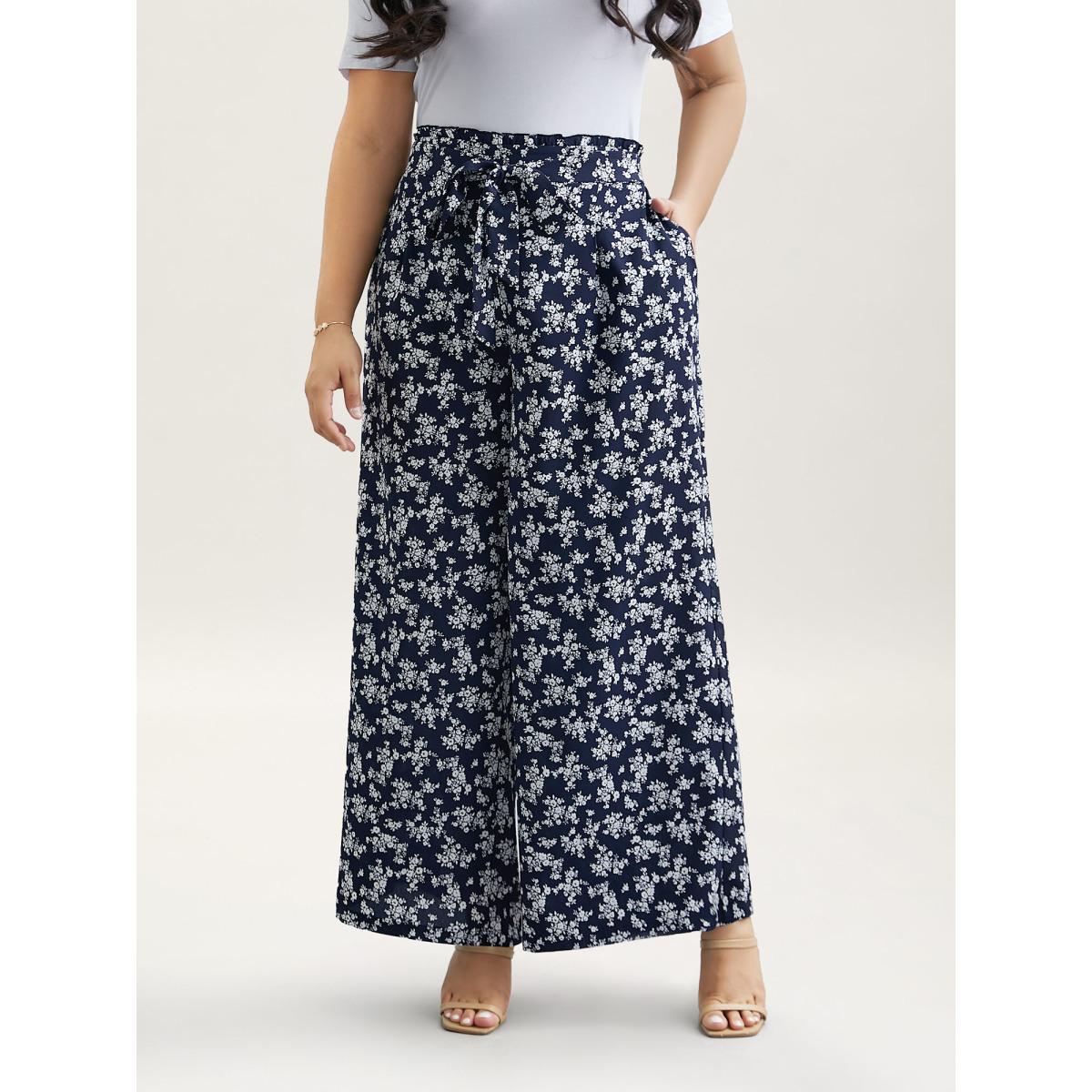 Plus Size Floral Print Waist Stretchy Wide Leg Pants Women Indigo Casual Wide Leg Mid Rise Everyday Pants BloomChic 30/6X Product Image