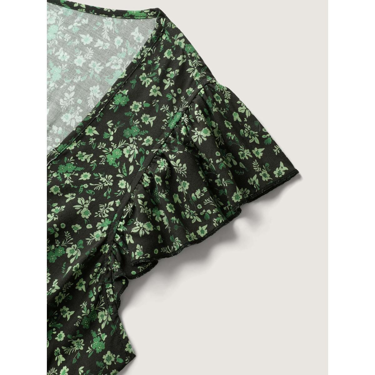 Plus Size Rayon Garden Fresh Ruffled Sleeve Midi Dress DarkGreen Women Heart neckline Cap Sleeve Curvy BloomChic 14-16/1X Product Image