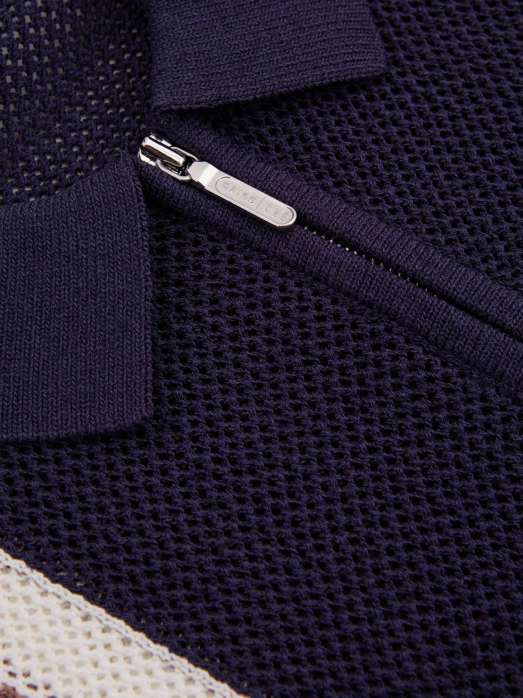 Ché Knitted Contrast Stripe Half-Zip Zip Polo Shirt in Navy/Camel Product Image