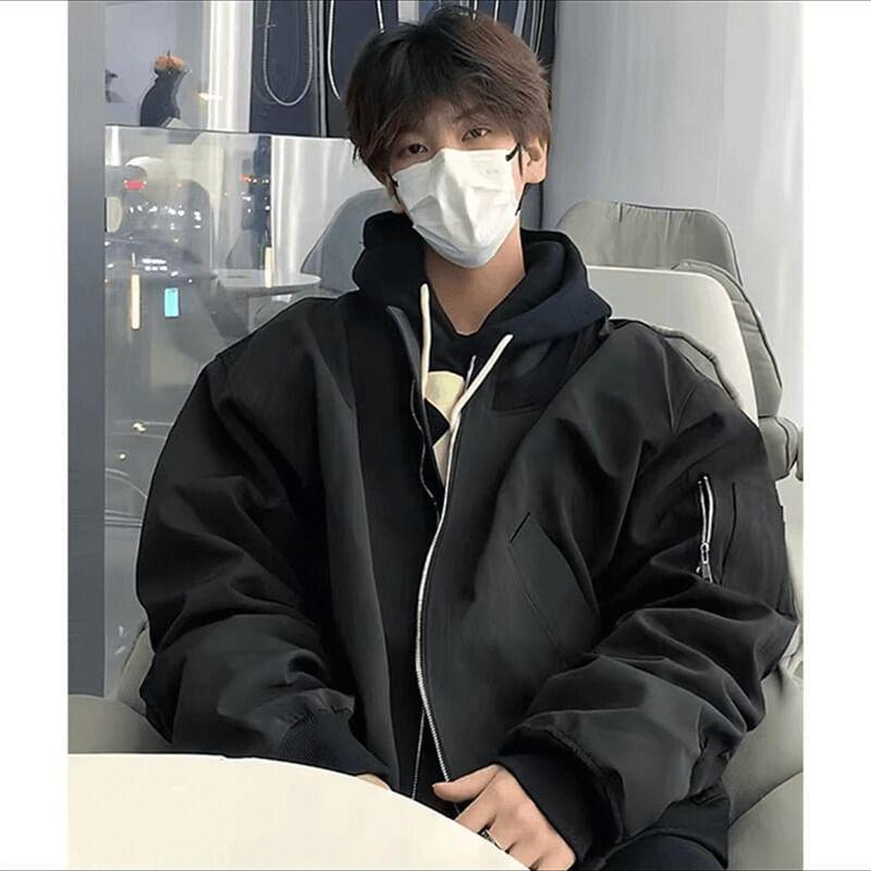 Drop-Shoulder Plain Zip Bomber Jacket Product Image