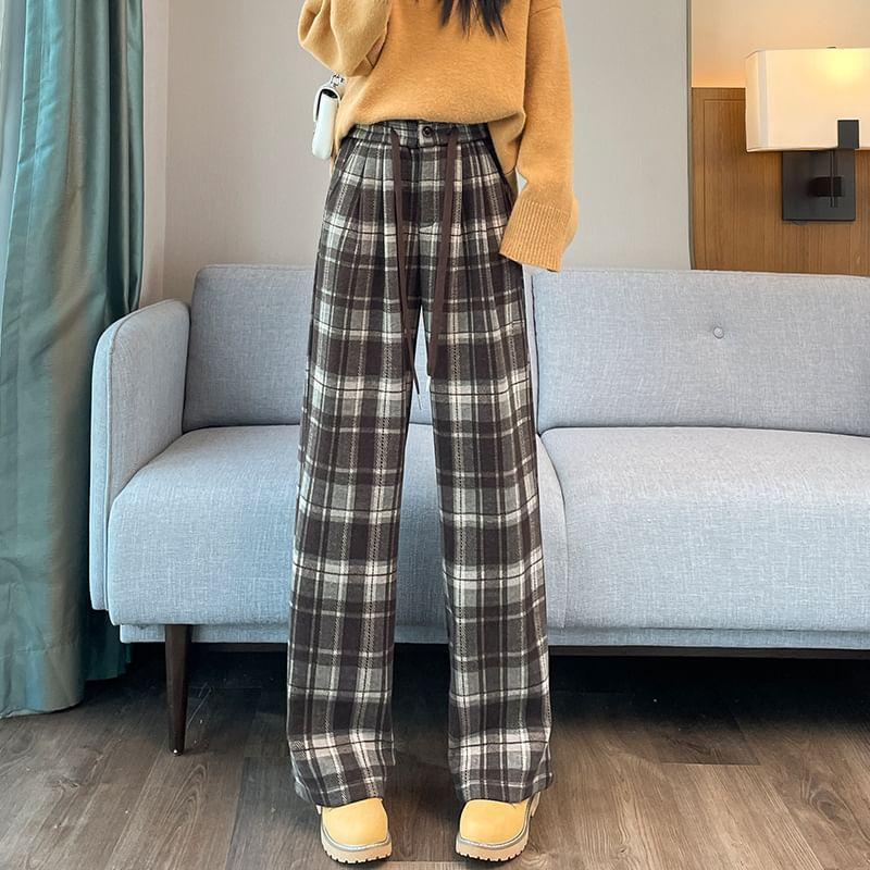 Drawstring Waist Plaid Wide Leg Pants (Various Designs) Product Image