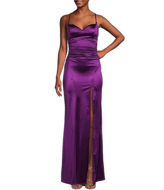 Honey and Rosie Spaghetti Strap V-Neck Royal Sateen Dress Product Image