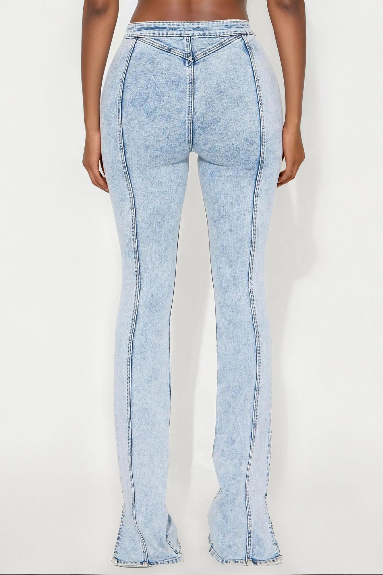 Tall Side Slit Stretch Slim Bootcut Jeans - Acid Wash Denim Product Image