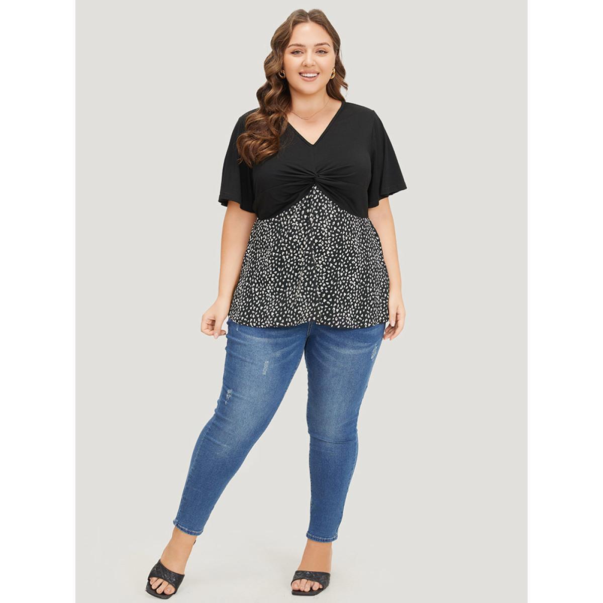 Plus Size Black Leopard Patchwork Twist Ruffle Sleeve Blouse Women Elegant Short sleeve V-neck Dailywear Blouses BloomChic 12/L Product Image