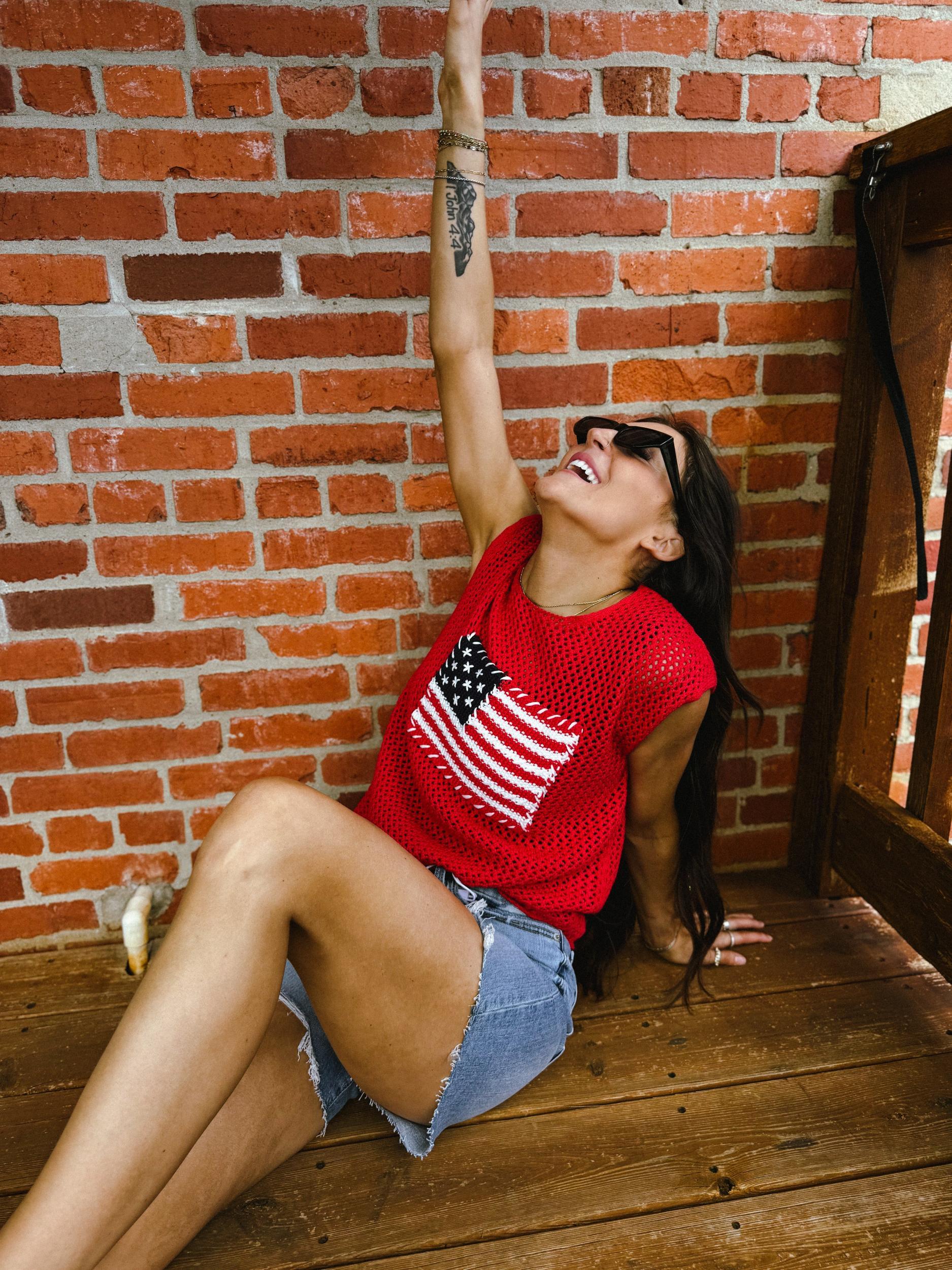 American Flag Crochet Knit Sweater Top Product Image