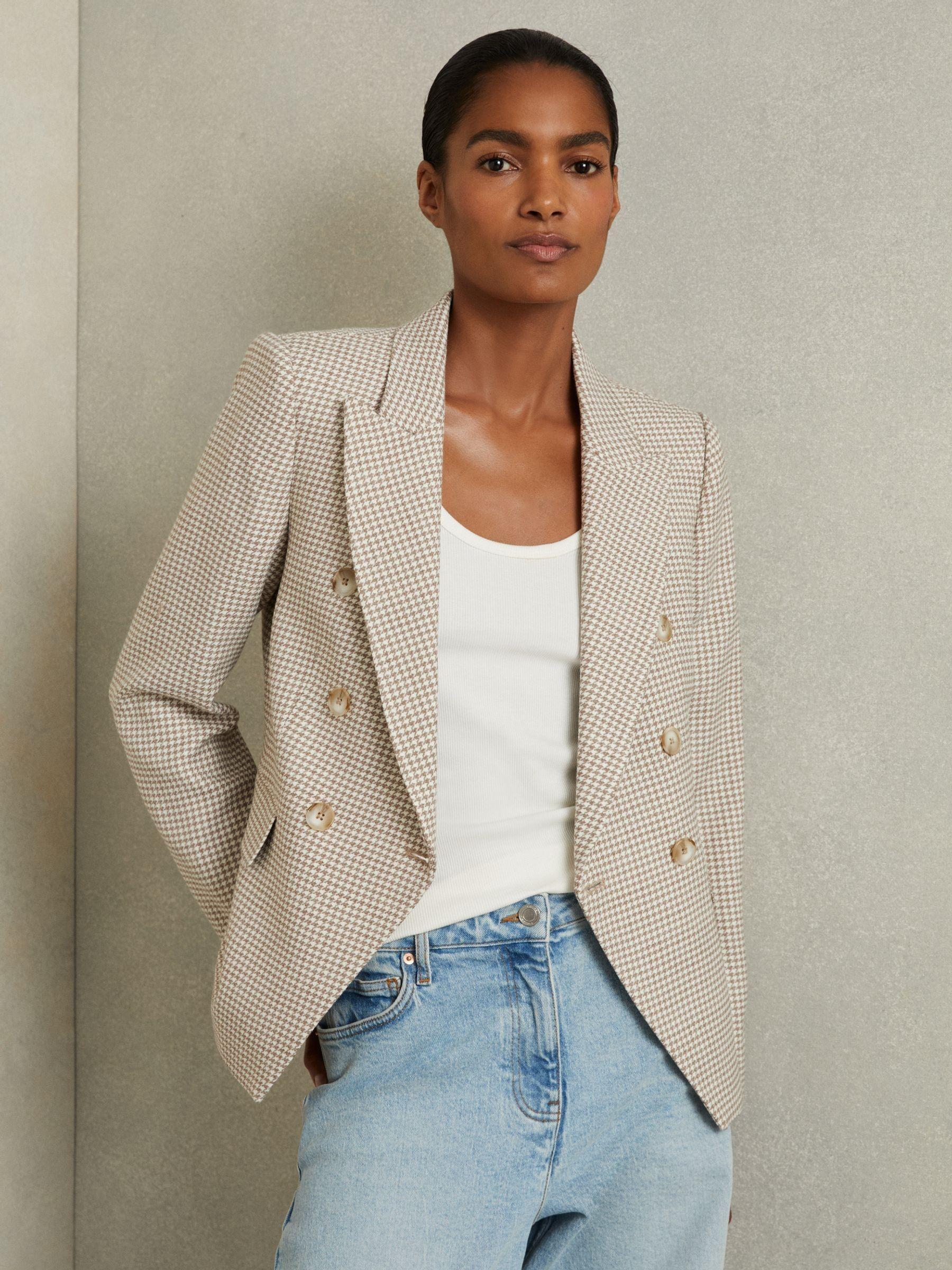 Wool-Blend Double-Breasted Dogtooth Blazer in Beige Check Product Image